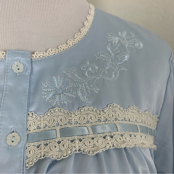 Charter Club Long Lawn Satin Nightgown Blue Modest Lace Ribbon Womens M Sleeve - Picture 9 of 17
